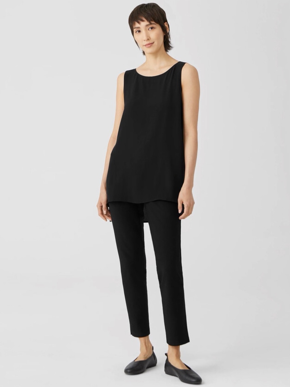 Eileen Fisher 100% Silk Georgette Crepe Bateau Neck Tank Easy Fit, Long Length